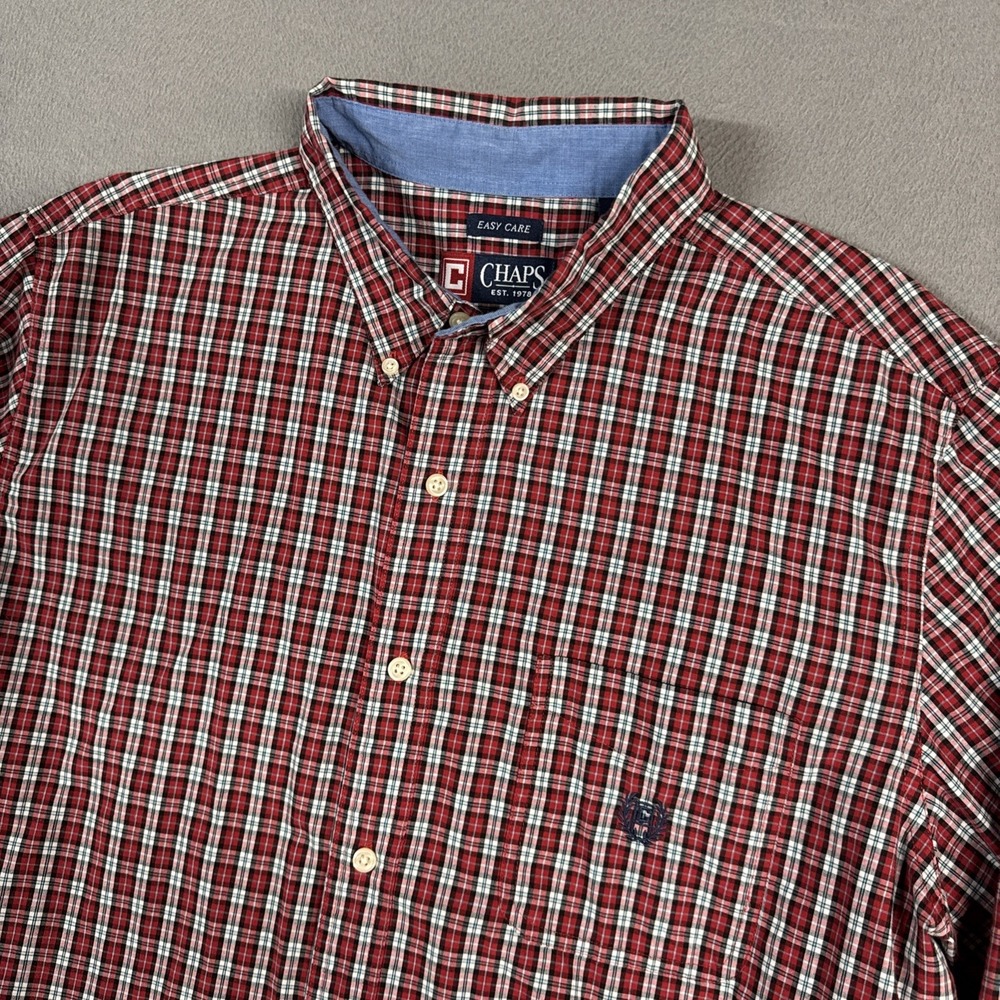 Chaps Shirt Mens XL Red Tartan Plaid Easy Care Long Sleeve Button Down Preppy